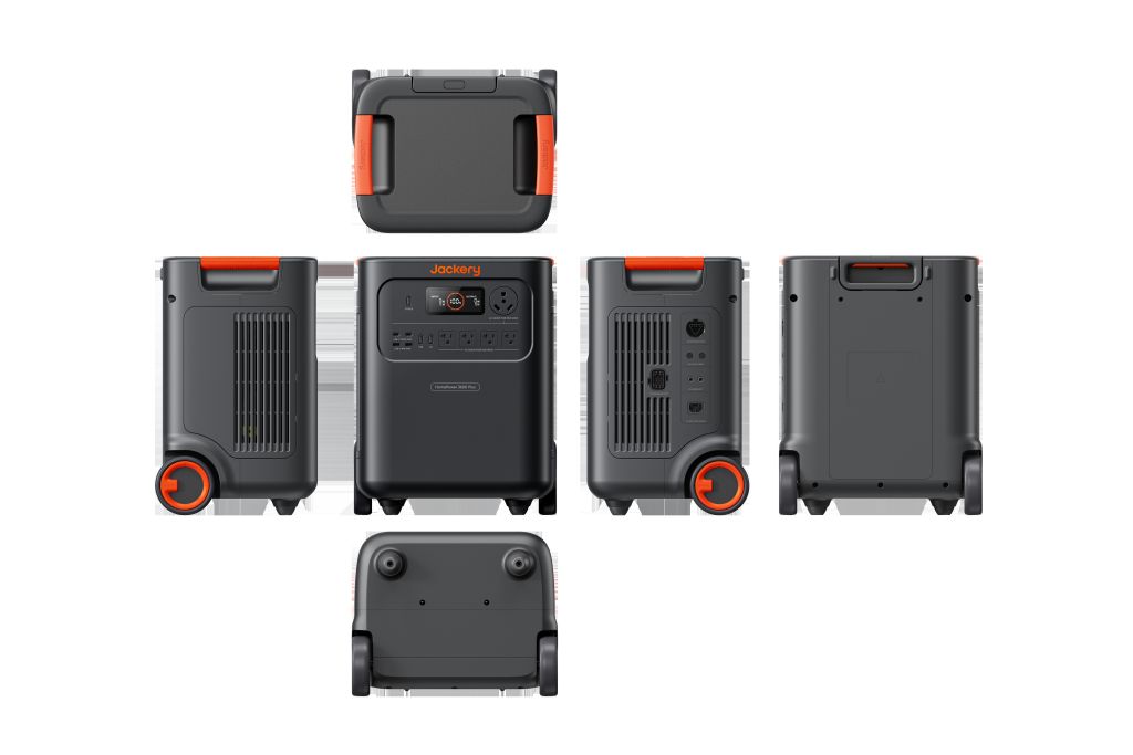 Six views of the Jackery portable power station with wheels and handles, showing the front control panel, vented sides with ports, back, top, and bottom. Its gray housing with orange accents makes it ideal for backup power.