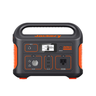 The Jackery Explorer 300 is a stylish black and orange portable power station boasting high capacity, a digital display, diverse input/output ports, and versatile charging options for enhanced convenience.