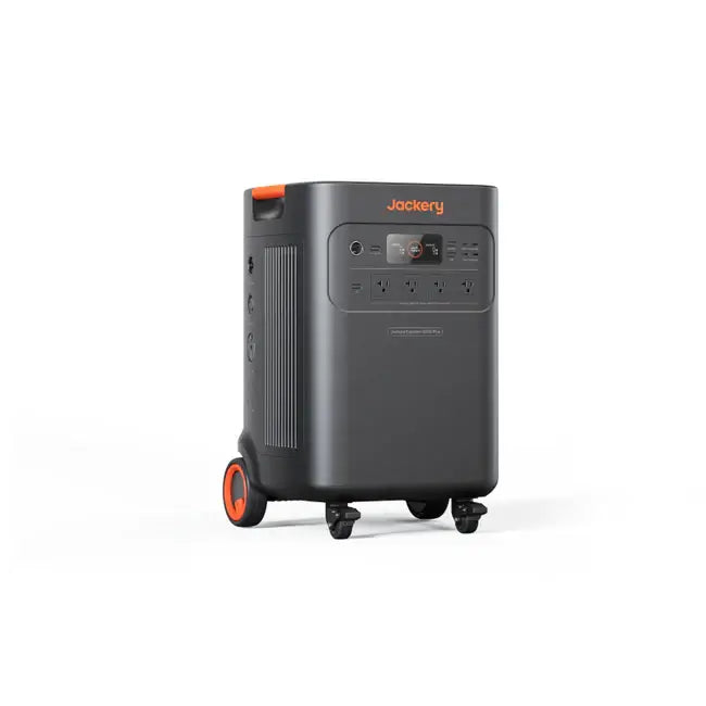 The Jackery Explorer 5000 Plus is a portable power station with a sturdy dark grey body, orange accents, and four wheels for mobility. Ideal for home backup power, it features a LiFePO4 battery and multiple front panel outlets, with the brand name displayed prominently on top.