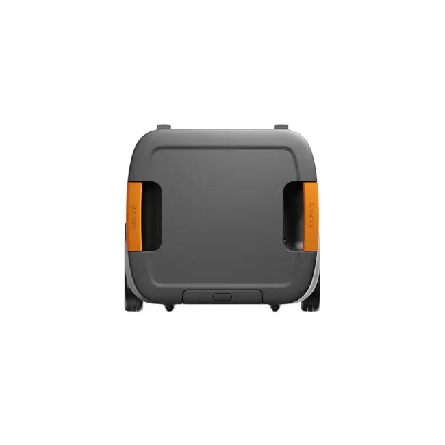 A rear view of Jackery's gray, rectangular electronic device features orange side accents. It has two wheels below and a sleek design. It includes a LiFePO4 battery, providing reliable home backup power with dual voltage support.