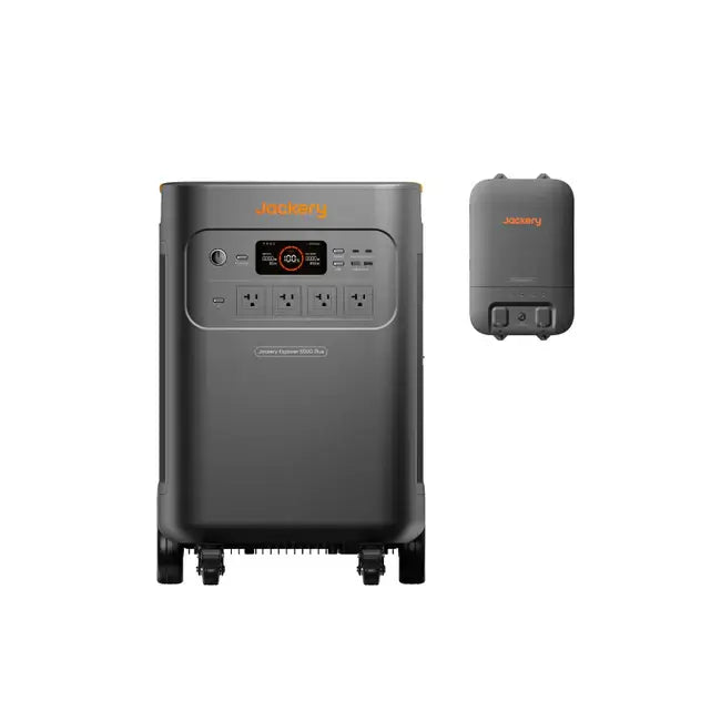 The Jackery Explorer 5000, a sleek gray portable power station with a LiFePO4 battery, features a digital display, multiple outlets, and wheels. Perfect for home backup power needs.