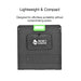 A black, square Nature’s Generator portable device with a green handle and small front pocket. “Lightweight & Compact” appears above; below: “Pairs perfectly with a folding solar panel for effortless portability and power.”.