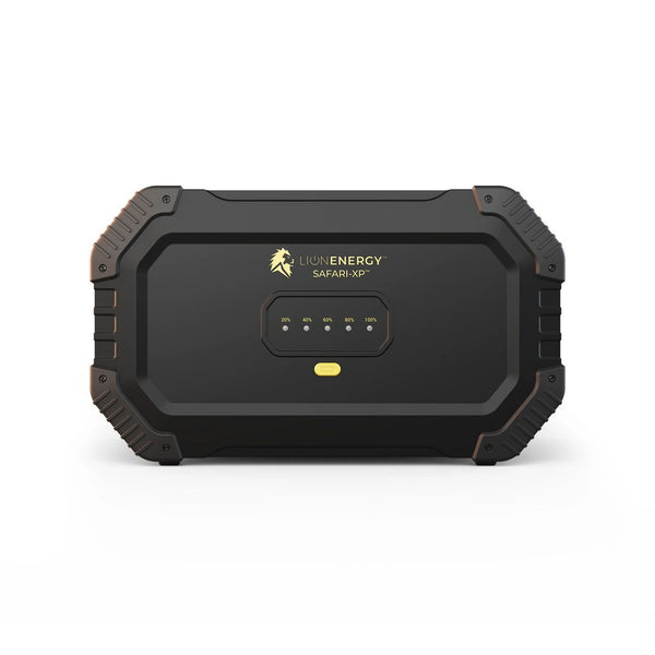 A black portable power station with rugged edges by Lion Energy is displayed against a white background. The name "Lion Energy Safari XP" and multiple indicator lights are visible, showcasing its impressive battery capacity. Perfect for outdoor adventures or emergencies.