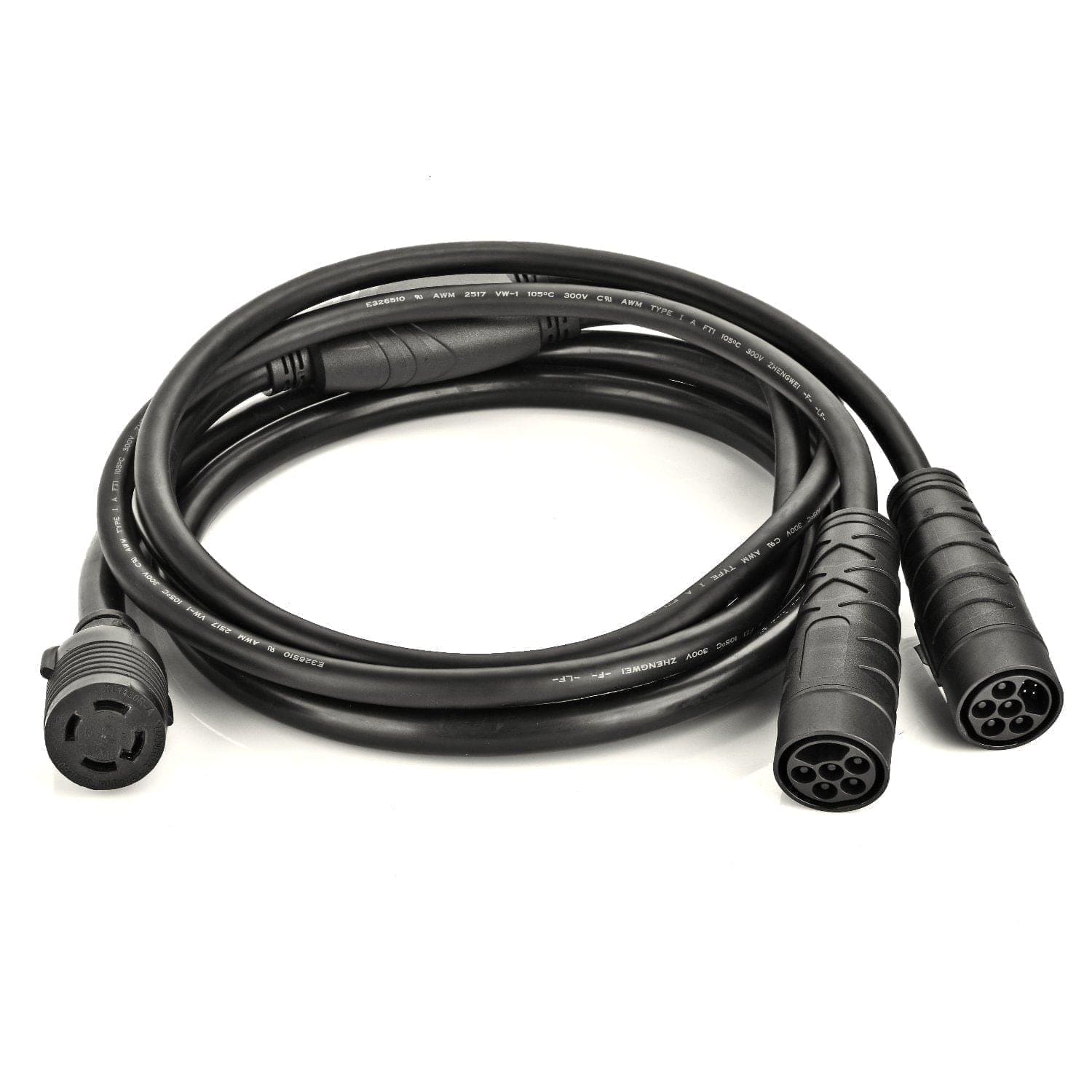 A black Nature's Generator Combiner Cable, featuring a three-prong female connector and two multi-pin round connectors, is coiled neatly on a white background and supports up to 7200W power capacity.