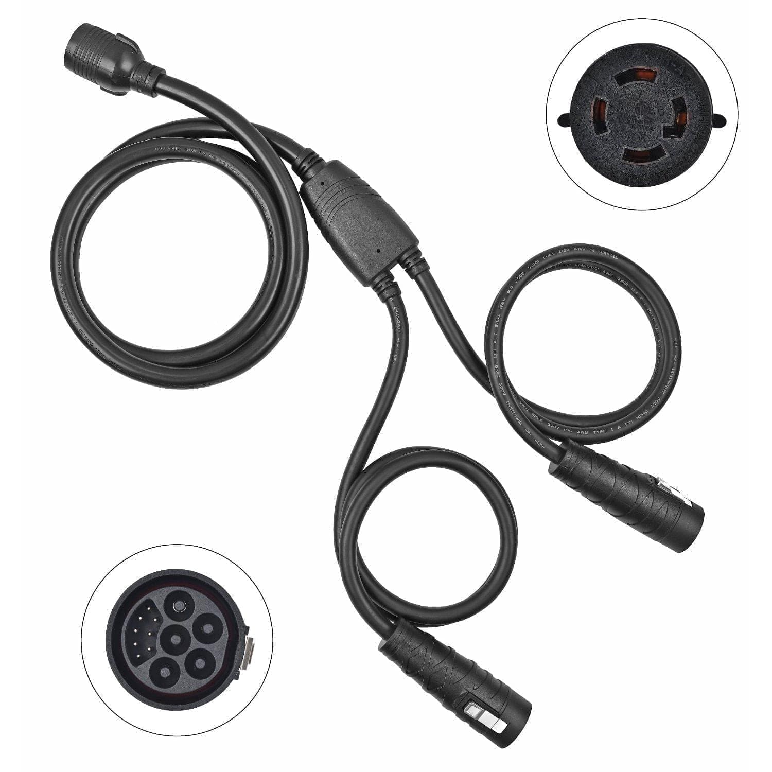 A black Nature’s Generator Combiner Cable with a splitter design is shown, featuring two connectors and three plug ends highlighted in circular insets, ideal for Lithium 3600 and supporting up to 7200W power capacity.