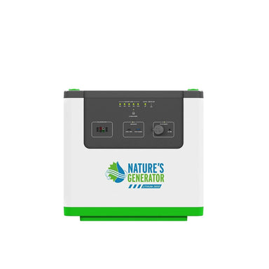 A Nature's Generator portable Lithium 3600 Pod power station with a white and green body, LiFePO4 battery, and front control panel with ports, buttons, and indicator lights is shown against a plain white background.