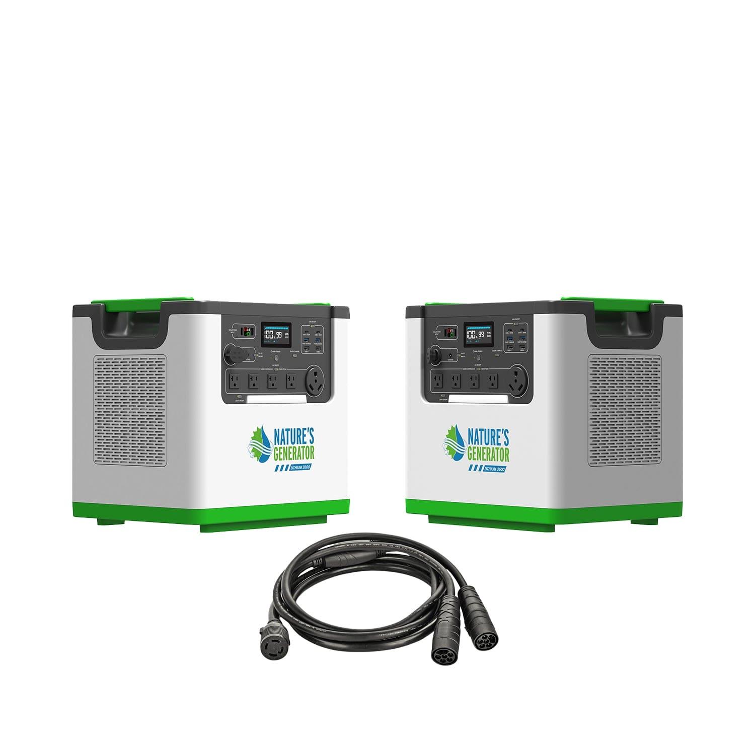 Two Nature's Generator Lithium 3600 portable power stations with digital displays are side by side. A black power cable is placed in front of the LiFePO4 battery-powered units, all set against a white background.