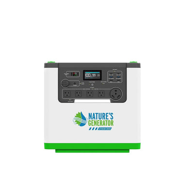 The Nature's Generator Lithium 3600 is a portable power station with a white and green casing, digital display, control buttons, and multiple front outlets. The brand logo is centered. It uses a reliable LiFePO4 battery for long-lasting performance.