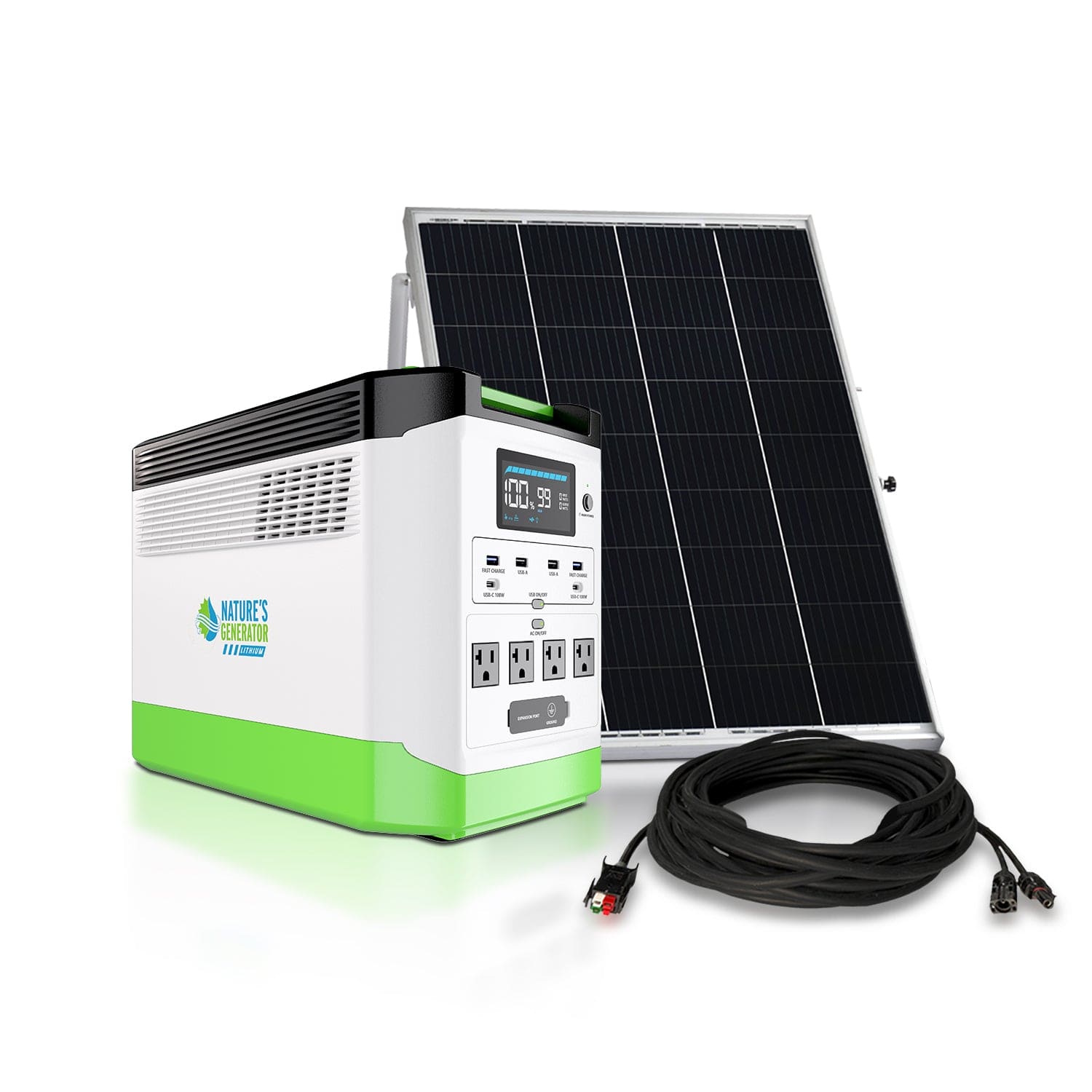 The Nature's Generator portable solar kit includes a rectangular LiFePO4 battery power station with digital display, multiple outlets, a solar panel, and connecting cable—conveniently arranged in front.