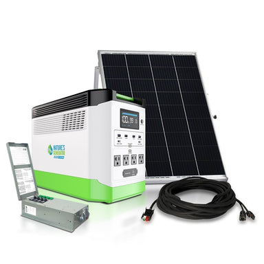 The Nature's Generator portable power station kit features a large solar panel, LiFePO4 battery, digital display, multiple outlets, coiled black cable, and instruction manual—ideal for reliable home backup power wherever you need it.