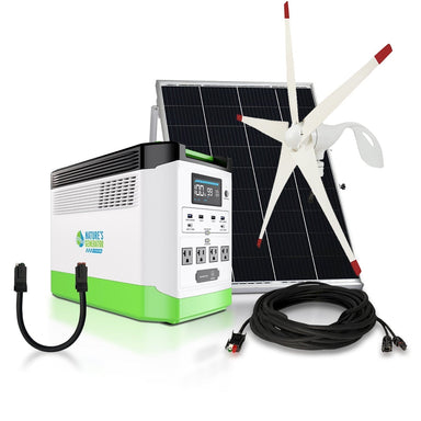 The Nature's Generator portable power station with a LiFePO4 battery includes multiple outlets, a digital display, solar panel, small wind turbine, and connecting cables, all shown on a white background.