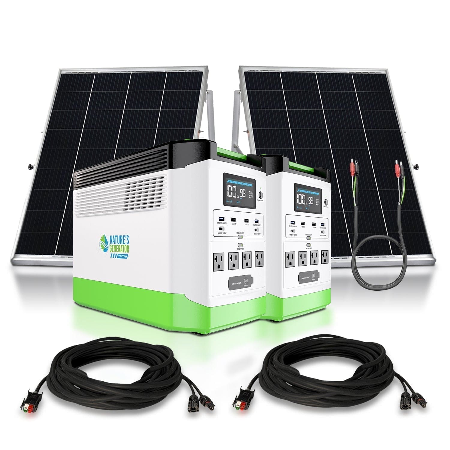 Two Nature's Generator portable power stations with LiFePO4 batteries, digital displays, and multiple outlets are shown with two solar panels, two long black cables, and two short connector cables on a white background.