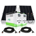 Two Nature's Generator portable power stations with LiFePO4 batteries, digital displays, and multiple outlets are shown with two solar panels, two long black cables, and two short connector cables on a white background.