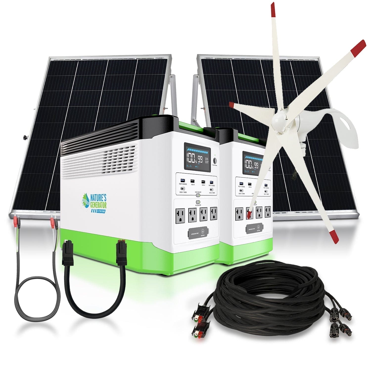 Two Nature's Generator portable power stations with reliable LiFePO4 batteries are displayed in front of two solar panels, a small wind turbine, power cables, and connectors, all arranged on a white background.