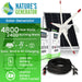 A Nature's Generator power station kit is displayed with two battery units, solar panel, wind turbine, coiled cable, and labeled features: 4800 peak watts, 2400 running watts, and a 2880 Wh LiFePO4 battery. Brand: Nature's Generator.