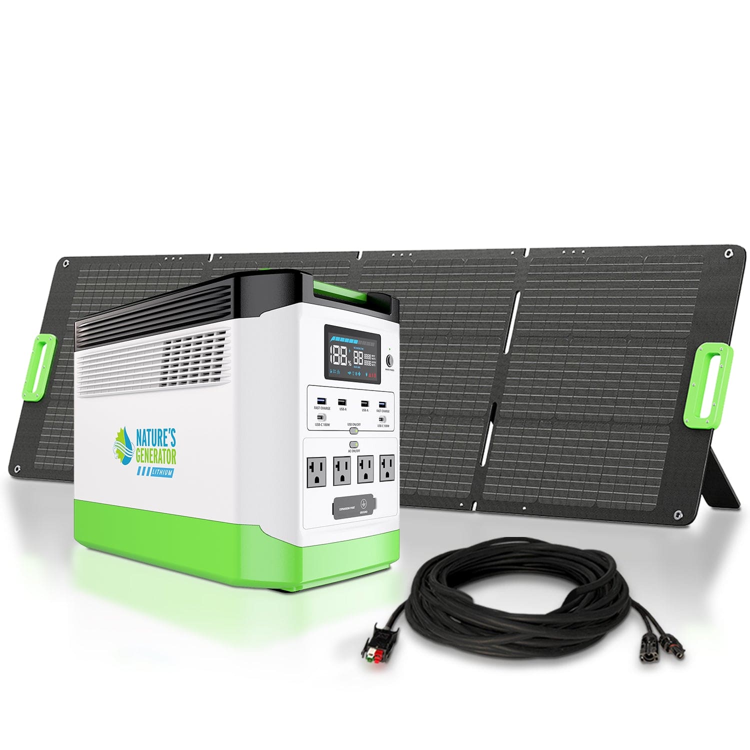 The Nature's Generator portable power station solar generator kit includes a white and green LiFePO4 battery unit, a black folding solar panel with handles, and a coiled black cable, all shown on a white background.