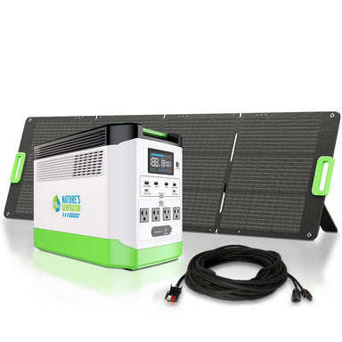 The Nature's Generator portable power station solar generator kit includes a white and green LiFePO4 battery unit, a black folding solar panel with handles, and a coiled black cable, all shown on a white background.