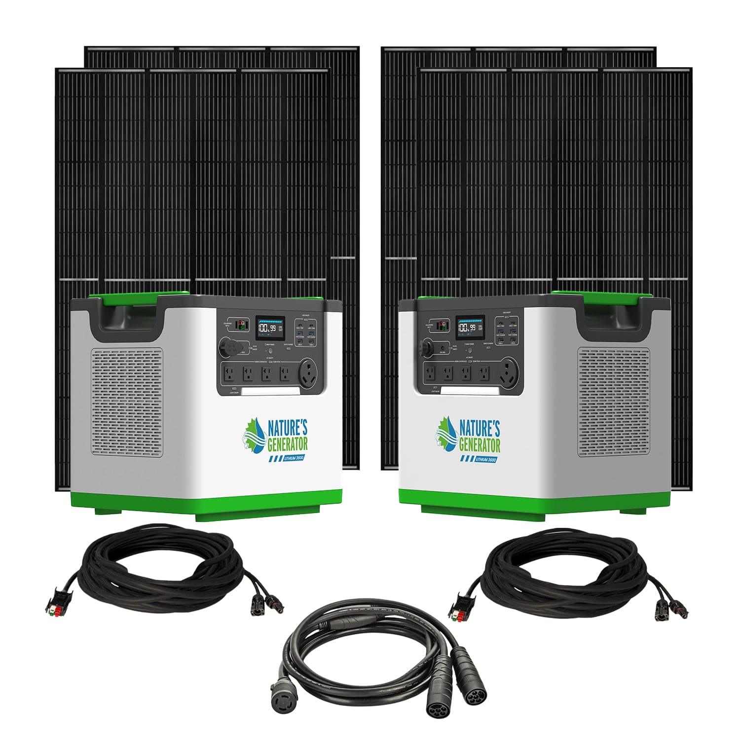 Two Nature's Generator Lithium 3600 units are displayed in front of four solar panels, with three black power cables placed in front. Each generator has multiple input/output ports and digital displays for easy monitoring.