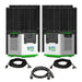 Two Nature's Generator Lithium 3600 units are displayed in front of four solar panels, with three black power cables placed in front. Each generator has multiple input/output ports and digital displays for easy monitoring.