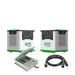 Two Nature’s Generator power stations sit side by side next to a rectangular power panel with an open lid displaying wiring, circuit breakers, and a transfer switch. Two black connecting cables are positioned in front. Brand: Nature’s Generator.