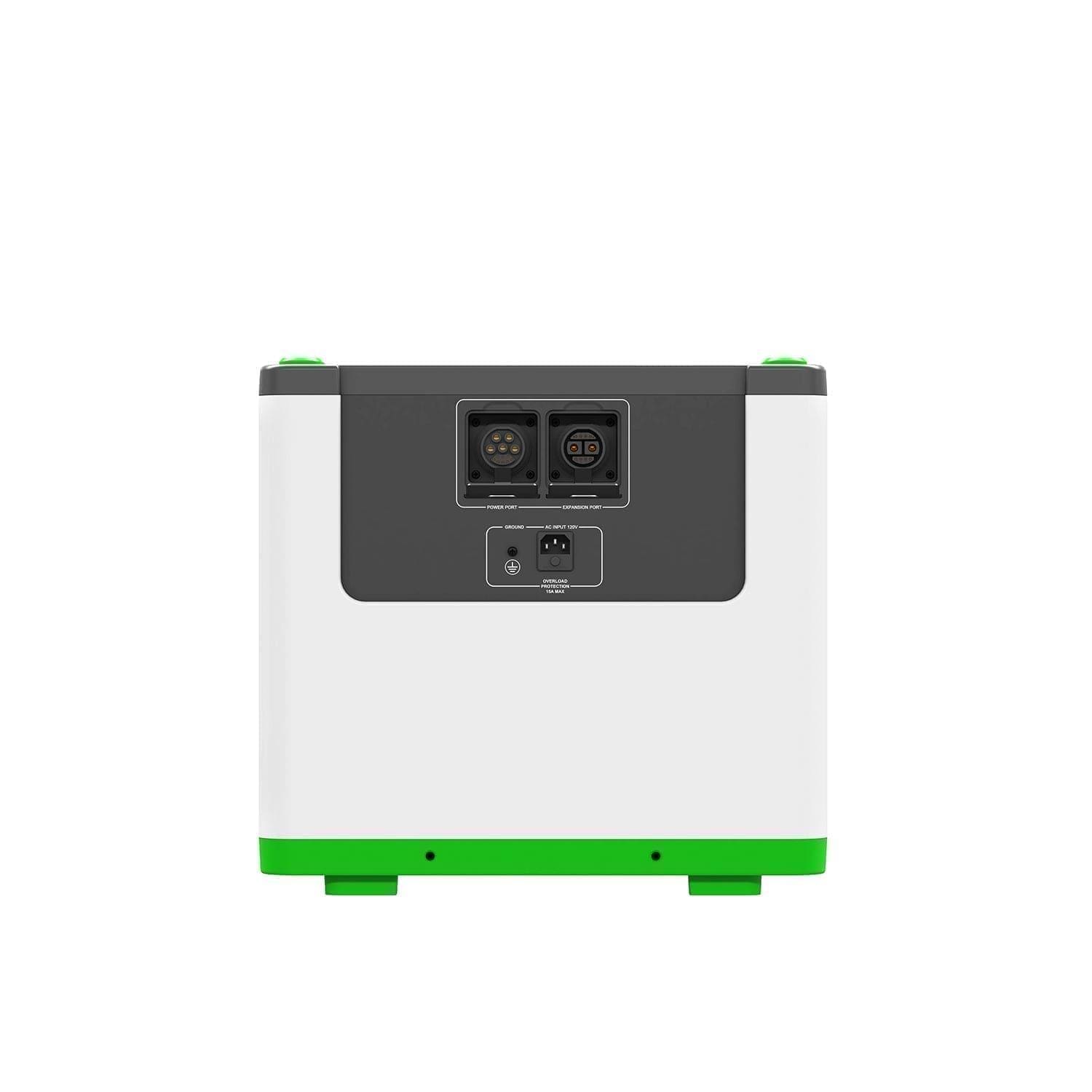 A Nature's Generator Lithium 3600 portable power station in white and green is shown from the back, displaying two circular input ports, a rectangular port, and a power switch on its gray panel. The background is plain white.
