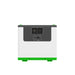 A Nature's Generator Lithium 3600 portable power station in white and green is shown from the back, displaying two circular input ports, a rectangular port, and a power switch on its gray panel. The background is plain white.