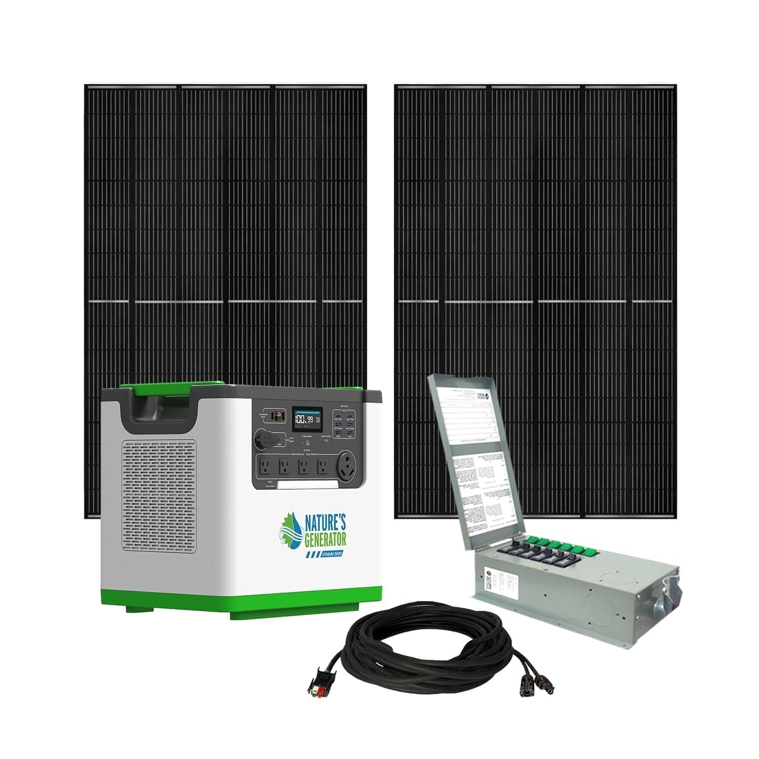 The image displays two large solar panels, a Nature's Generator Lithium 3600 Solar Generator, a gray transfer switch panel with switches, and a black cable with connectors—all from the brand Nature's Generator.