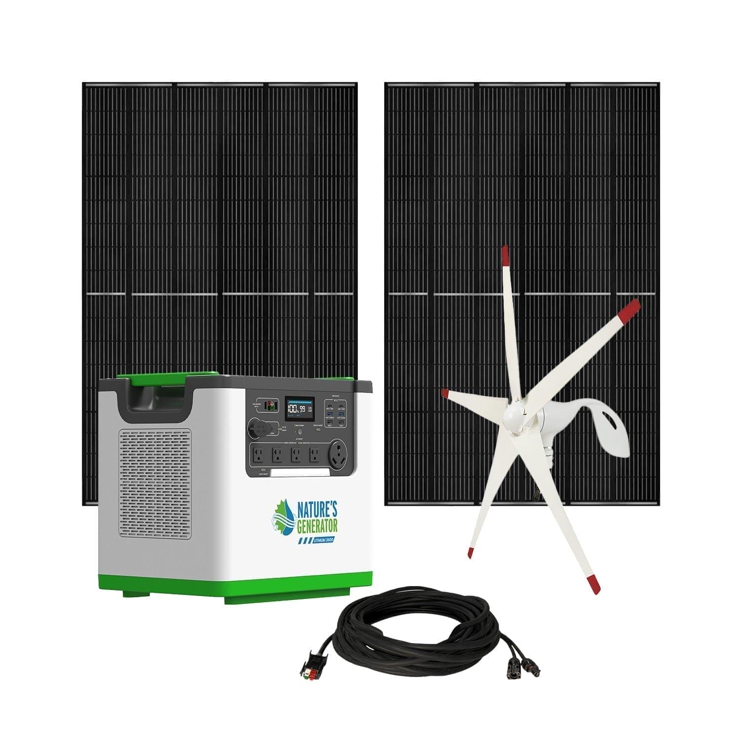 The Nature's Generator portable power station is shown with two large solar panels, a white wind turbine, and a coiled black cable—an ideal home backup solution with a LiFePO4 battery—all set against a plain white background.