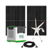 The Nature's Generator portable power station is shown with two large solar panels, a white wind turbine, and a coiled black cable—an ideal home backup solution with a LiFePO4 battery—all set against a plain white background.