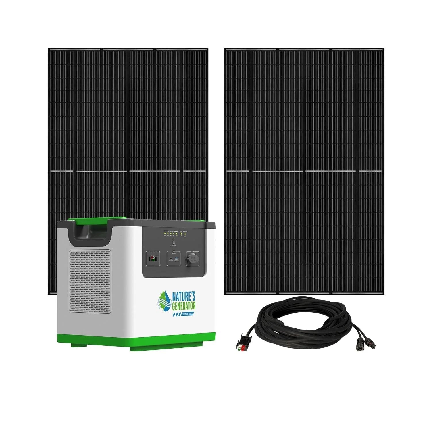 A portable Nature’s Generator Lithium 3600 Pod solar generator, branded with the Nature’s Generator logo, two large black solar panels, and a coiled power cable with connectors, all featuring advanced LiFePO4 battery technology on a white background.