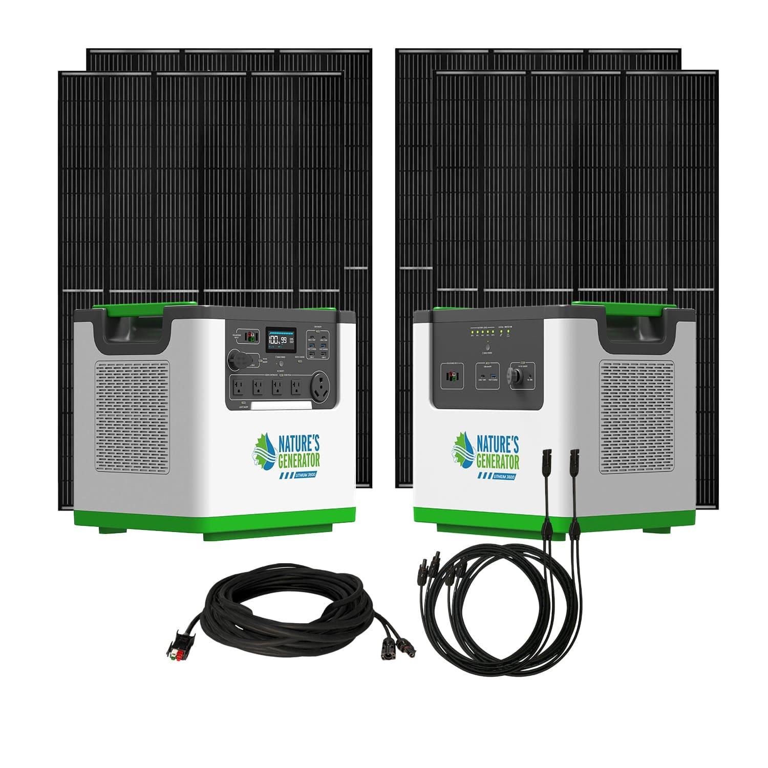 Two Nature’s Generator Lithium 3600 portable solar generators in silver and green, each with a LiFePO4 battery, are shown connected to large black solar panels, with coiled power cables neatly arranged in front.