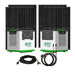 Two Nature’s Generator Lithium 3600 portable solar generators in silver and green, each with a LiFePO4 battery, are shown connected to large black solar panels, with coiled power cables neatly arranged in front.