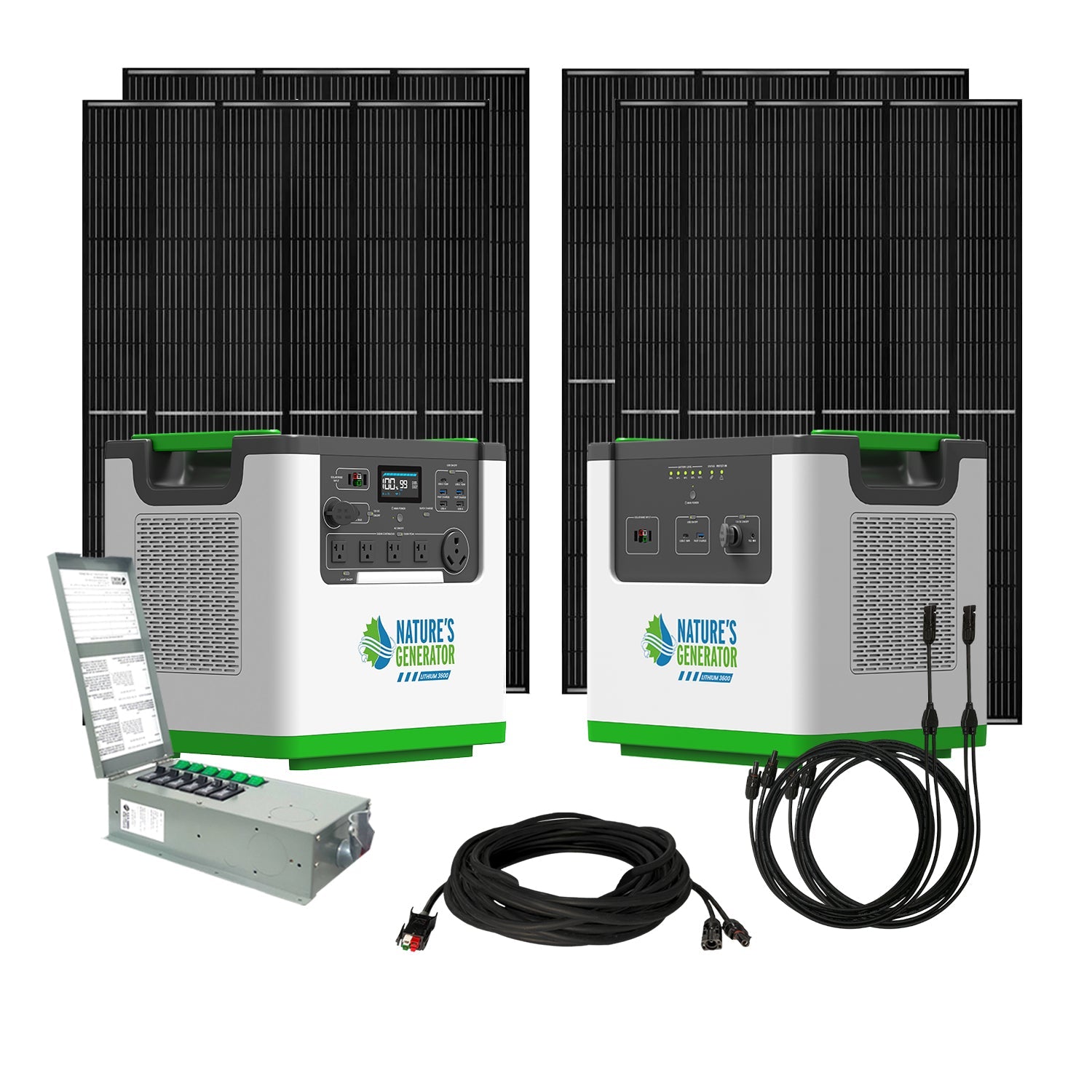 Two Nature’s Generator Lithium 3600 Solar Generator power stations are shown with large black solar panels. In front are a transfer switch, long cable, and coiled cord with connectors—all displayed on a white background.