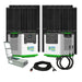 Two Nature’s Generator Lithium 3600 Solar Generator power stations are shown with large black solar panels. In front are a transfer switch, long cable, and coiled cord with connectors—all displayed on a white background.