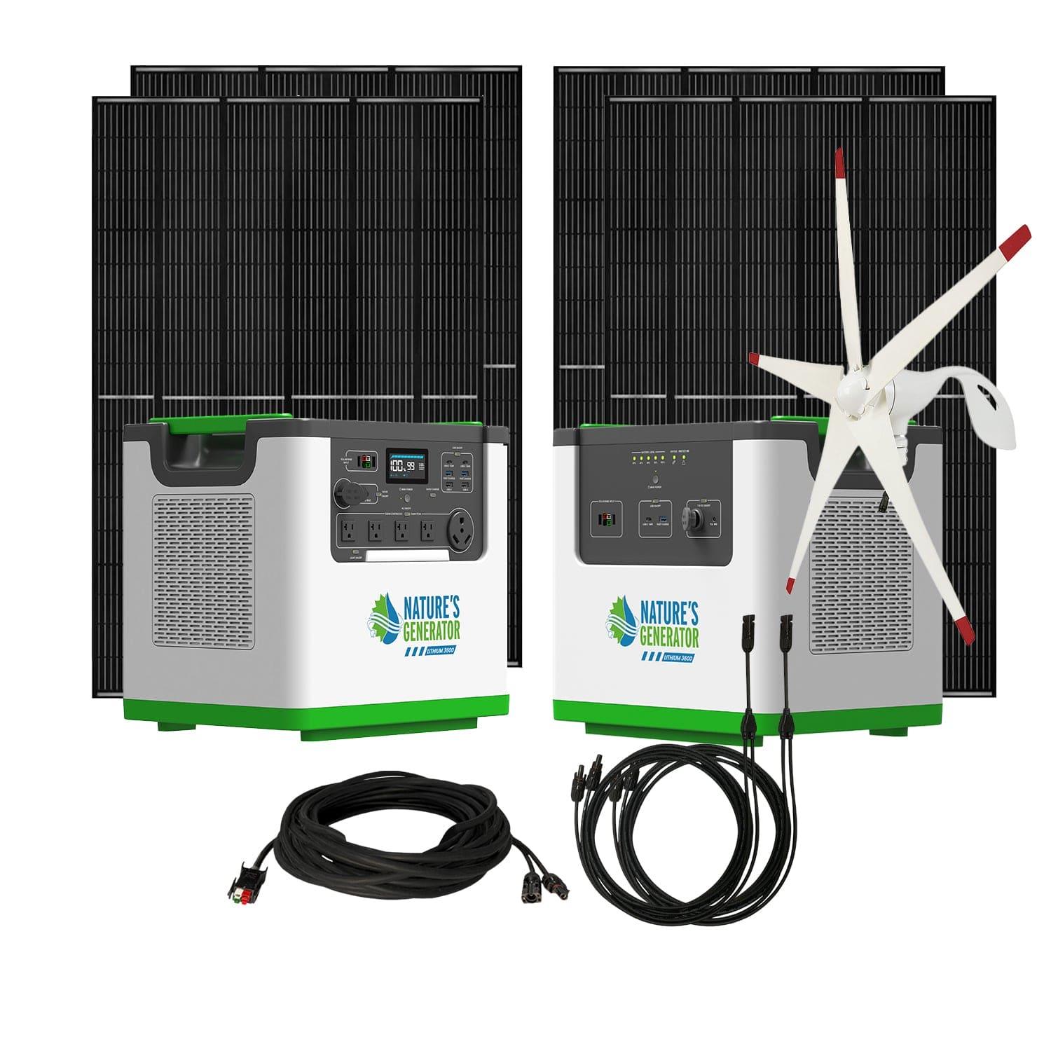 Two Nature's Generator units with displays and logos are shown in front of large solar panels, a white wind turbine, and black power cables—an ideal reliable home backup system using solar and wind power.