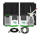 Two Nature's Generator units with displays and logos are shown in front of large solar panels, a white wind turbine, and black power cables—an ideal reliable home backup system using solar and wind power.