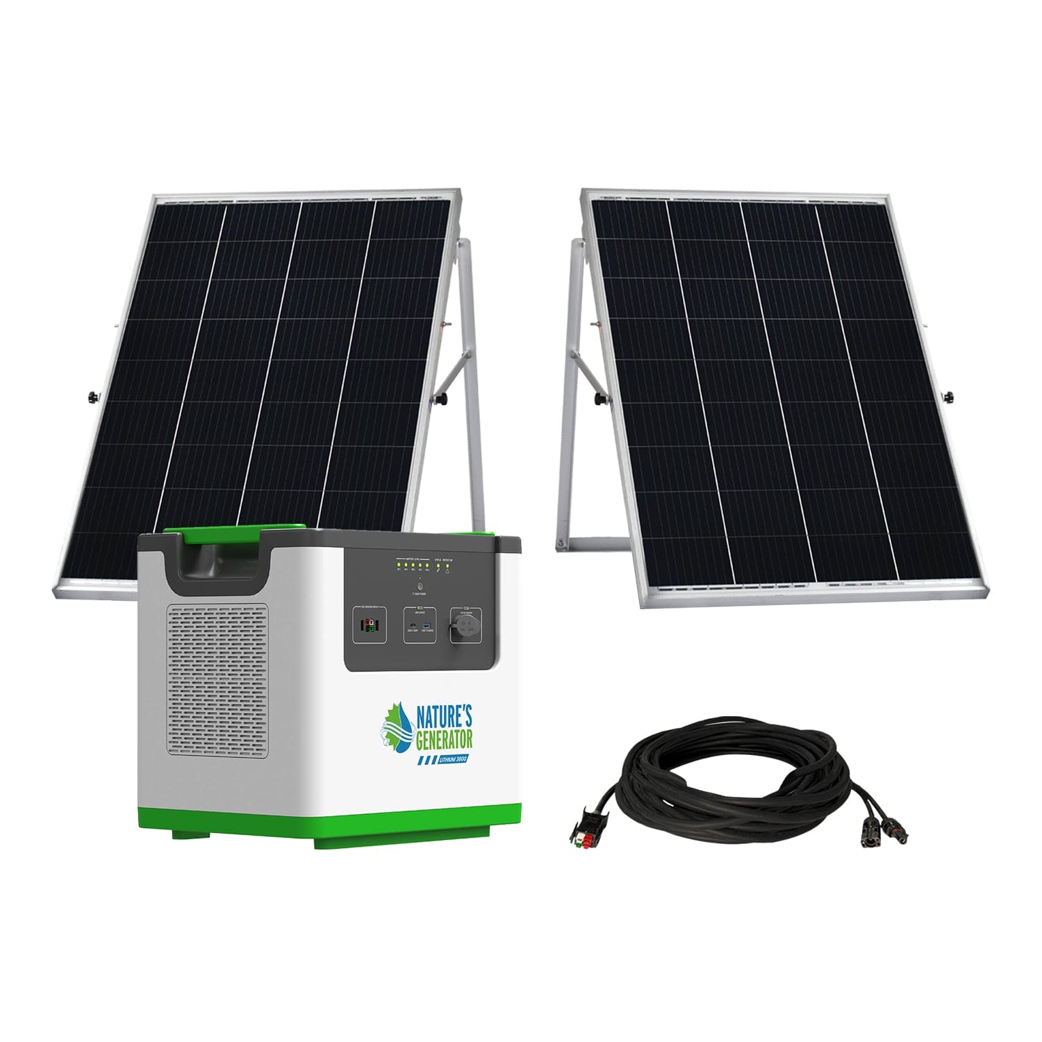 Two solar panels on stands, a Nature's Generator Lithium 3600 Pod portable generator, a battery expansion unit, and a long black cable with connectors—all featuring LiFePO4 technology—are arranged on a white background.