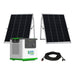 Two solar panels on stands, a Nature's Generator Lithium 3600 Pod portable generator, a battery expansion unit, and a long black cable with connectors—all featuring LiFePO4 technology—are arranged on a white background.