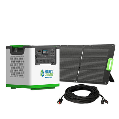 The Nature's Generator Lithium 3600 portable solar generator features a LiFePO4 battery, four AC outlets, multiple ports and buttons, a foldable solar panel, and a coiled black cable with connectors.
