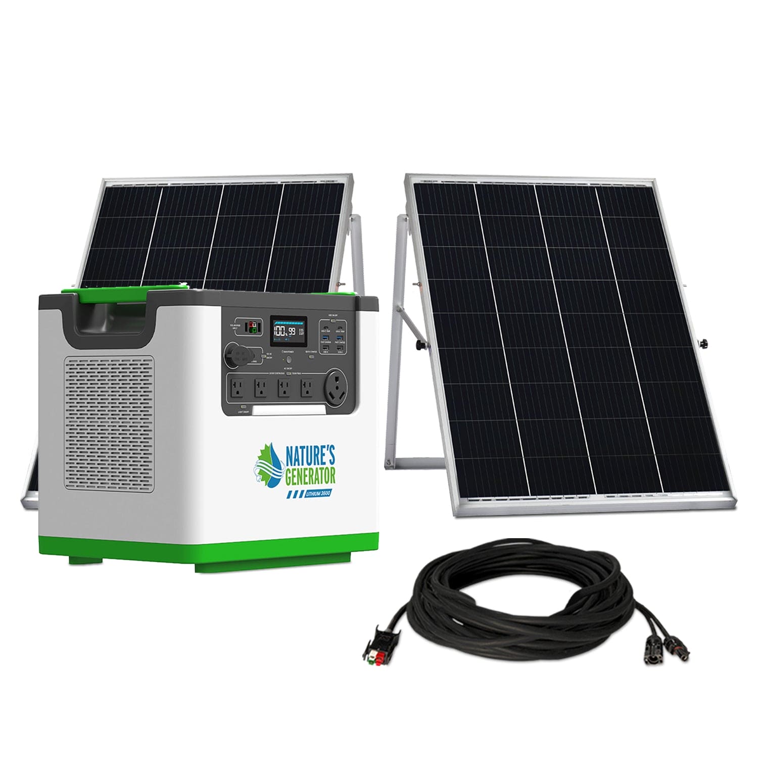 The Nature's Generator portable solar kit includes the Lithium 3600 power unit with LiFePO4 battery, multiple outlets, two black solar panels with stands, and a coiled extension cable.