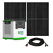 The Nature's Generator Lithium 3600, a portable solar generator with a LiFePO4 battery, is pictured beside two solar panels and a coiled black power cable with connectors, all displayed on a white background.