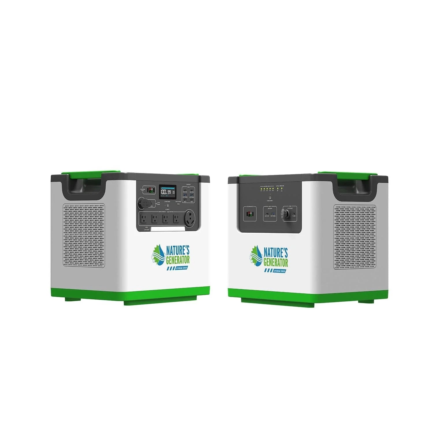 Two cube-shaped portable power stations from Nature's Generator, featuring white and green exteriors, gray control panels, multiple I/O ports, ventilation grilles, and “Nature’s Generator Lithium 3600” branding with reliable LiFePO4 battery technology.