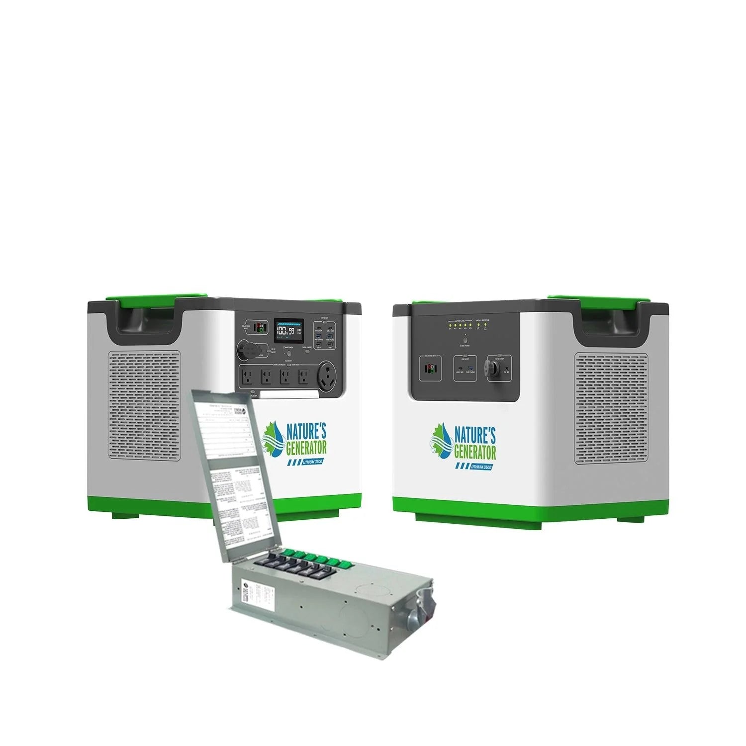 Three Nature's Generator portable power stations are displayed: two units stand upright showing control panels and ports, while the third lies open in front, revealing its internal LiFePO4 battery cells.