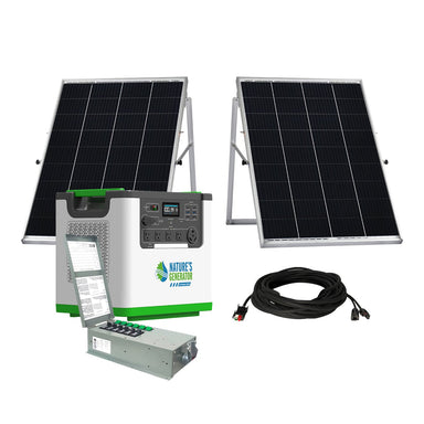 The Nature’s Generator solar generator kit includes a main unit with control panel, two solar panels with stands, power cord, metal accessory box, and advanced LiFePO4 battery, all shown against a white background.