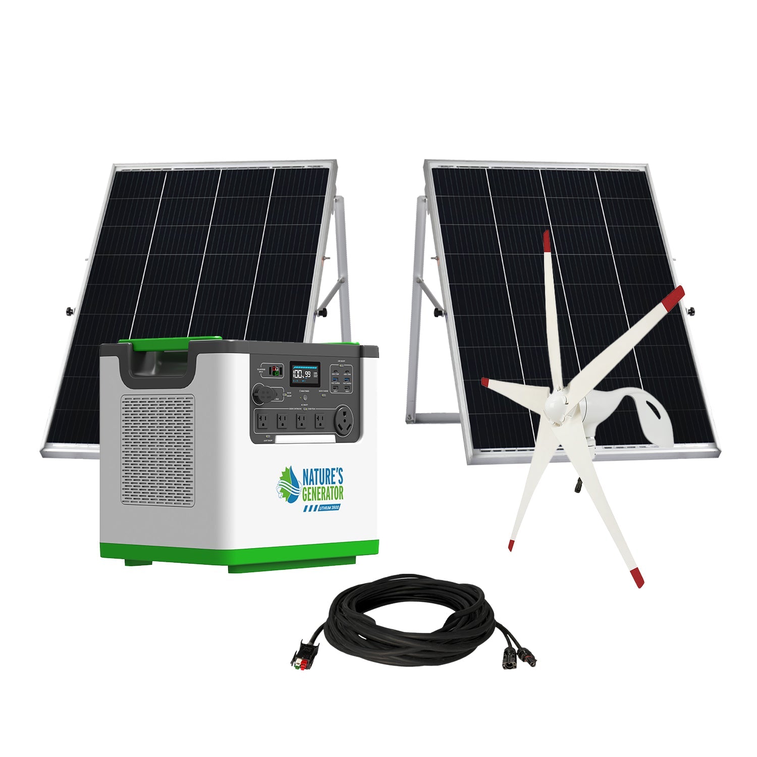 Nature's Generator kit includes a LiFePO4 battery power station, two solar panels with stands, a compact wind turbine, and coiled black cable with plug connectors—perfect for reliable home backup power.