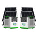 Two portable Nature's Generator units with control panels are placed before large solar panels. Each generator has buttons, outlets, LED displays, and advanced LiFePO4 batteries for reliable energy.