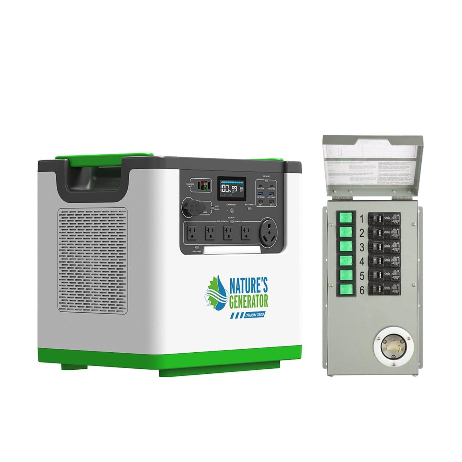 A Nature's Generator portable Lithium 3600 Solar Generator is displayed beside a gray transfer switch electrical panel featuring six green switches and a round connector at the bottom, all set against a white background.