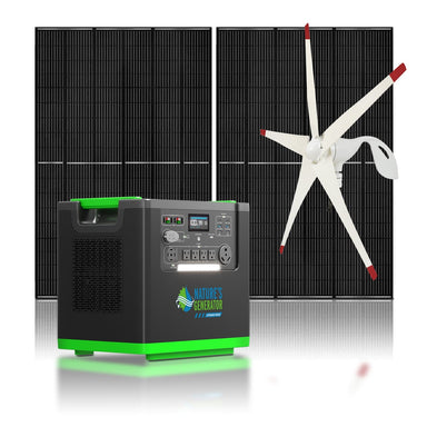 A Nature's Generator portable power station is positioned in front of two black solar panels and next to a white wind turbine with red blade tips, illustrating an off-grid power solution. The background is white.