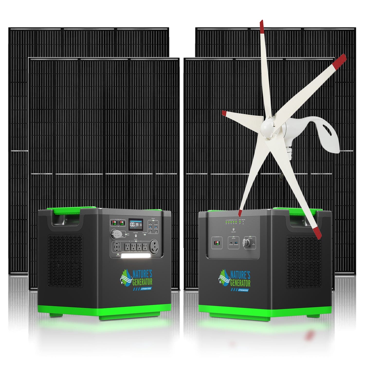 Two Nature’s Generator portable power stations in black and green are shown with several large solar panels and a rooftop wind turbine, highlighting an ideal off-grid solution that combines solar and wind generator technology.