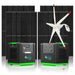 Two Nature’s Generator portable power stations in black and green are shown with several large solar panels and a rooftop wind turbine, highlighting an ideal off-grid solution that combines solar and wind generator technology.